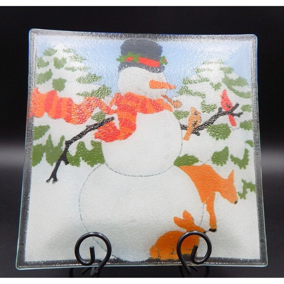 Peggy Karr Fused Glass Snowman Platter Tray Plate Square 9 In Bunny Deer Winter - Picture 5 of 8